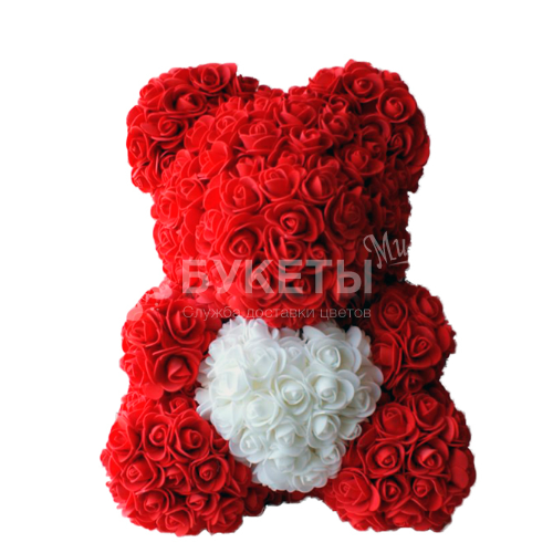 Мишка из роз красный с сердечком